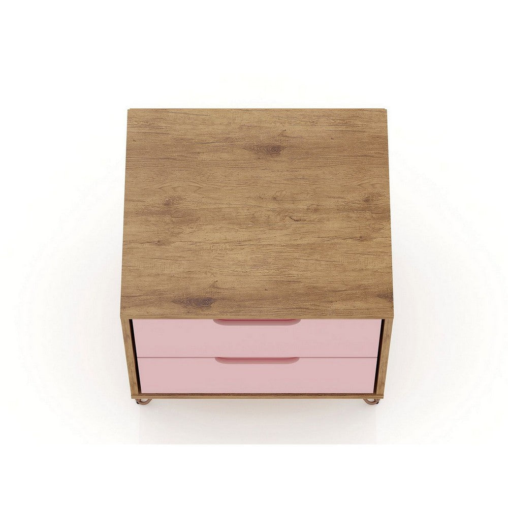 Rockefeller 2.0 Mid-Century- Modern Nightstand with 2-Drawer in Nature and Rose Pink MHC-102GMC6