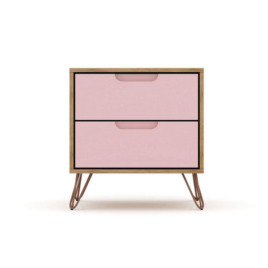 Rockefeller 2.0 Mid-Century- Modern Nightstand with 2-Drawer in Nature and Rose Pink