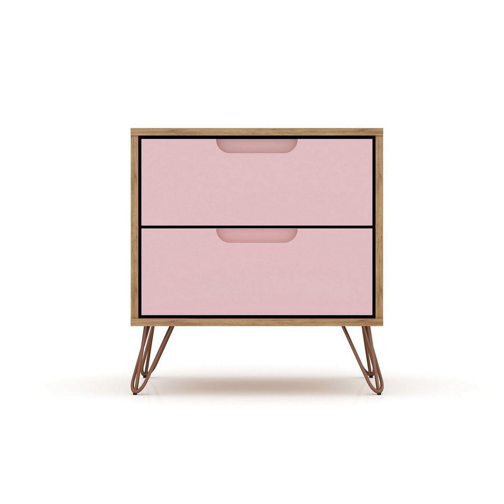 Rockefeller 2.0 Mid-Century- Modern Nightstand with 2-Drawer in Nature and Rose Pink