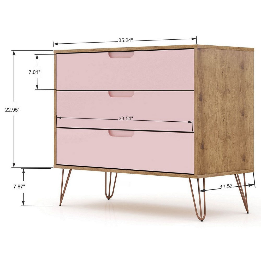 Rockefeller Mid-Century- Modern Dresser with 3- Drawers in Nature and Rose Pink MHC-103GMC6