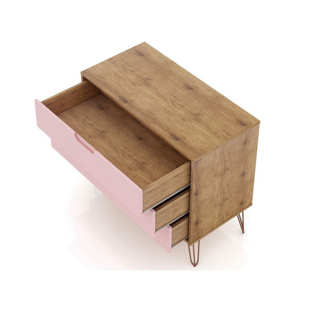Rockefeller Mid-Century- Modern Dresser with 3- Drawers in Nature and Rose Pink MHC-103GMC6