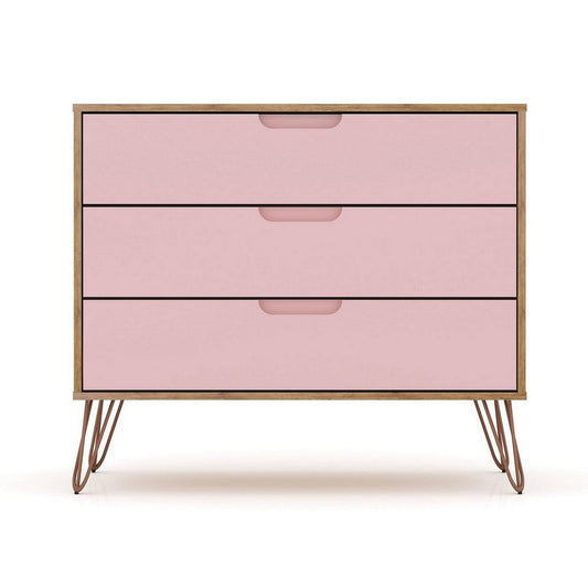 Rockefeller Mid-Century- Modern Dresser with 3- Drawers in Nature and Rose Pink