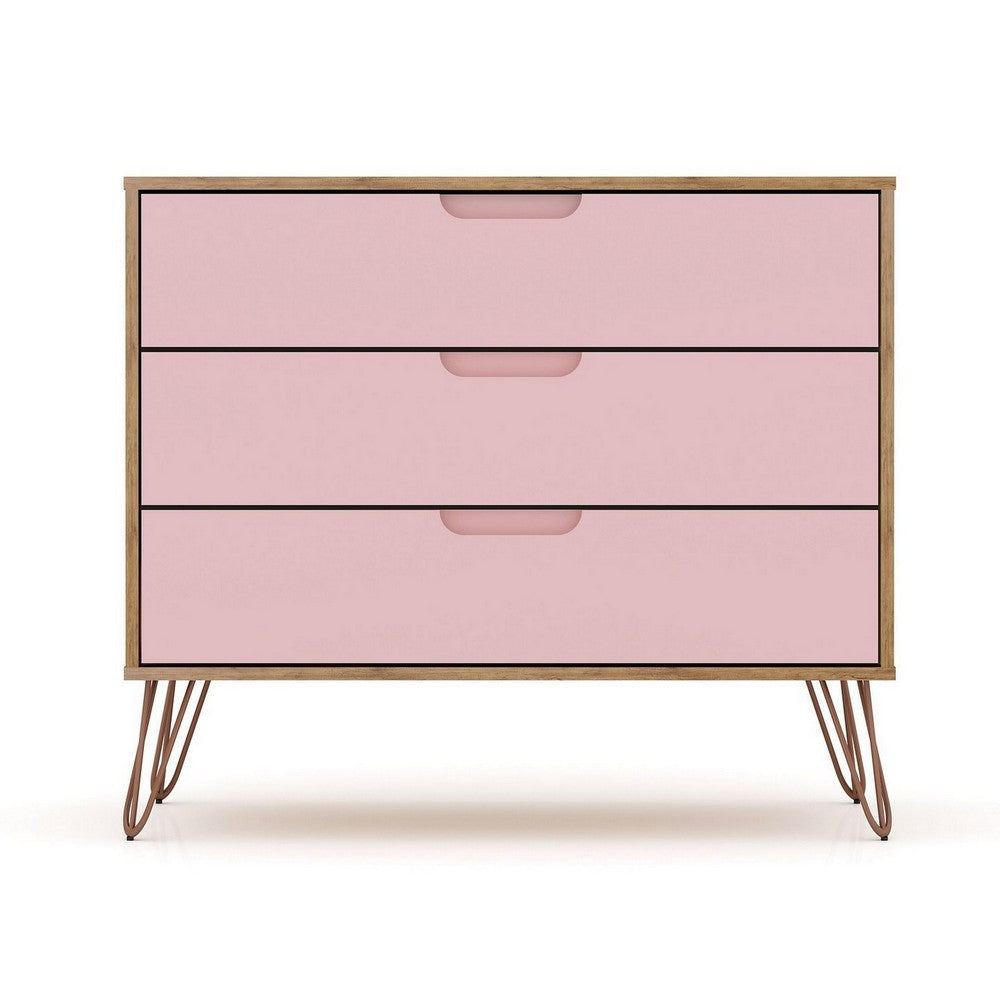 Rockefeller Mid-Century- Modern Dresser with 3- Drawers in Nature and Rose Pink