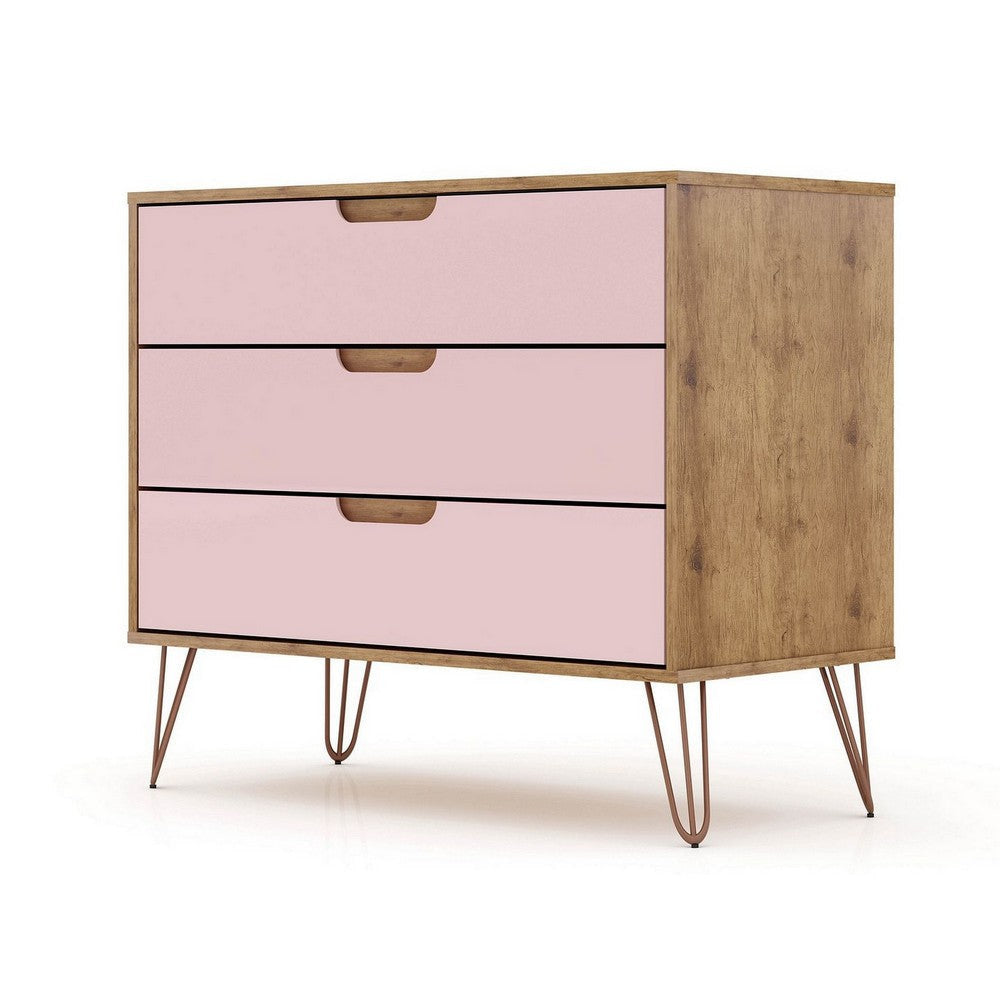 Rockefeller Mid-Century- Modern Dresser with 3- Drawers in Nature and Rose Pink MHC-103GMC6