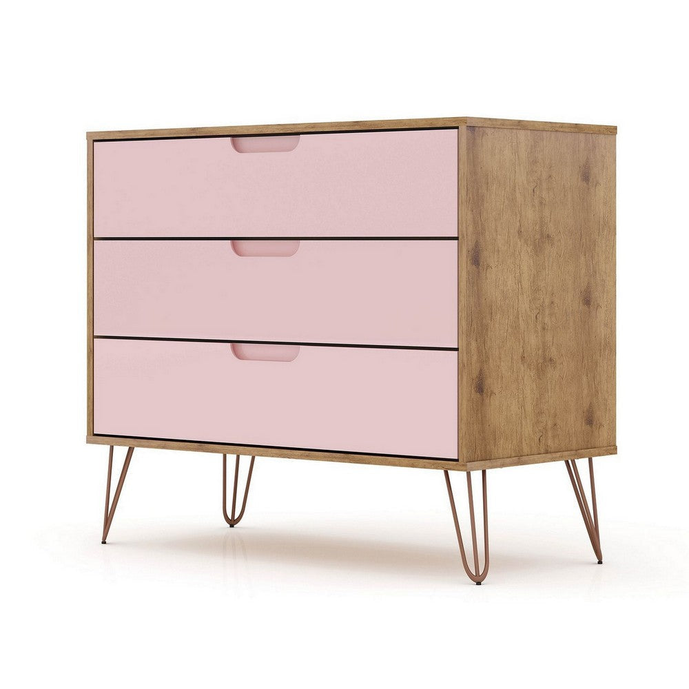 Rockefeller Mid-Century- Modern Dresser with 3- Drawers in Nature and Rose Pink MHC-103GMC6
