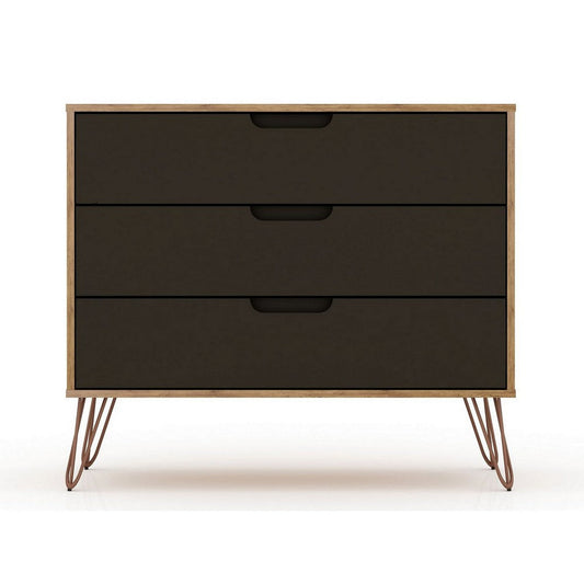 Rockefeller Mid-Century- Modern Dresser with 3- Drawers in Nature and Textured Grey
