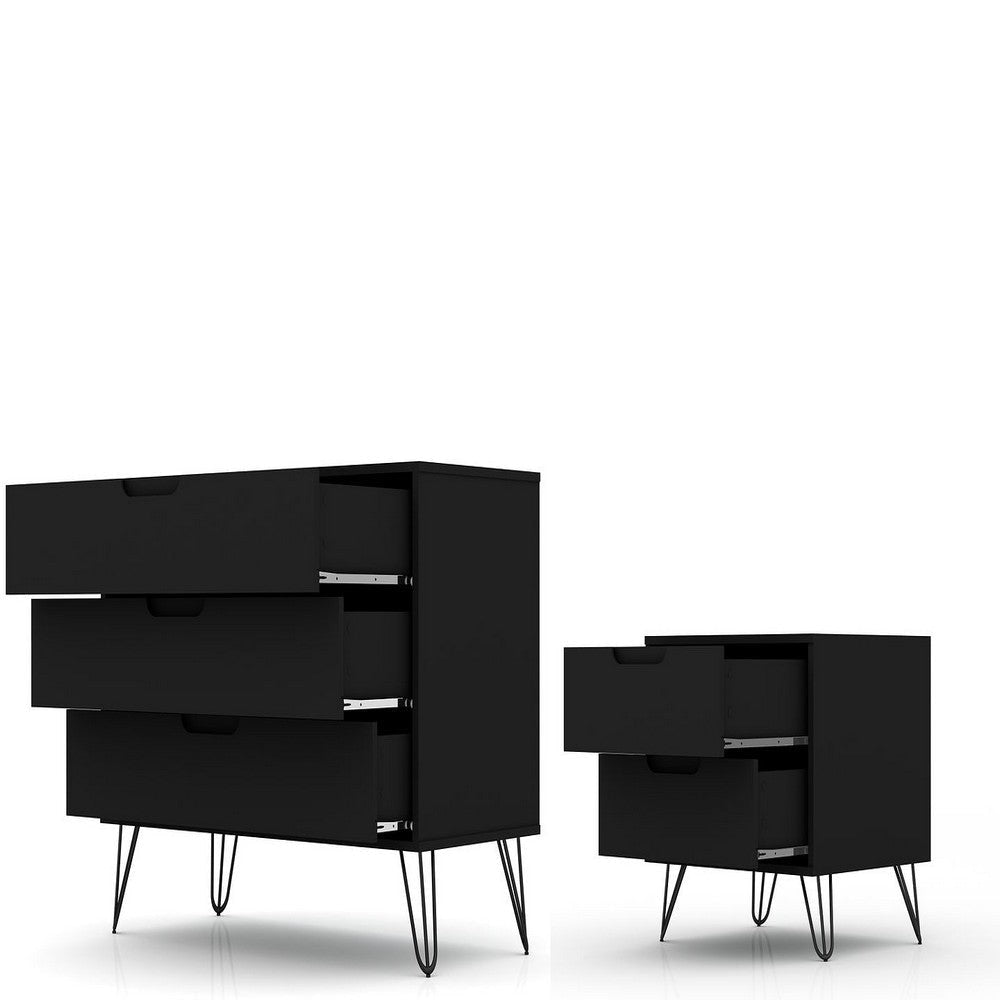 Rockefeller Mic Century- Modern Dresser and Nightstand with Drawers- Set of 2 in Black MHC-104GMC2