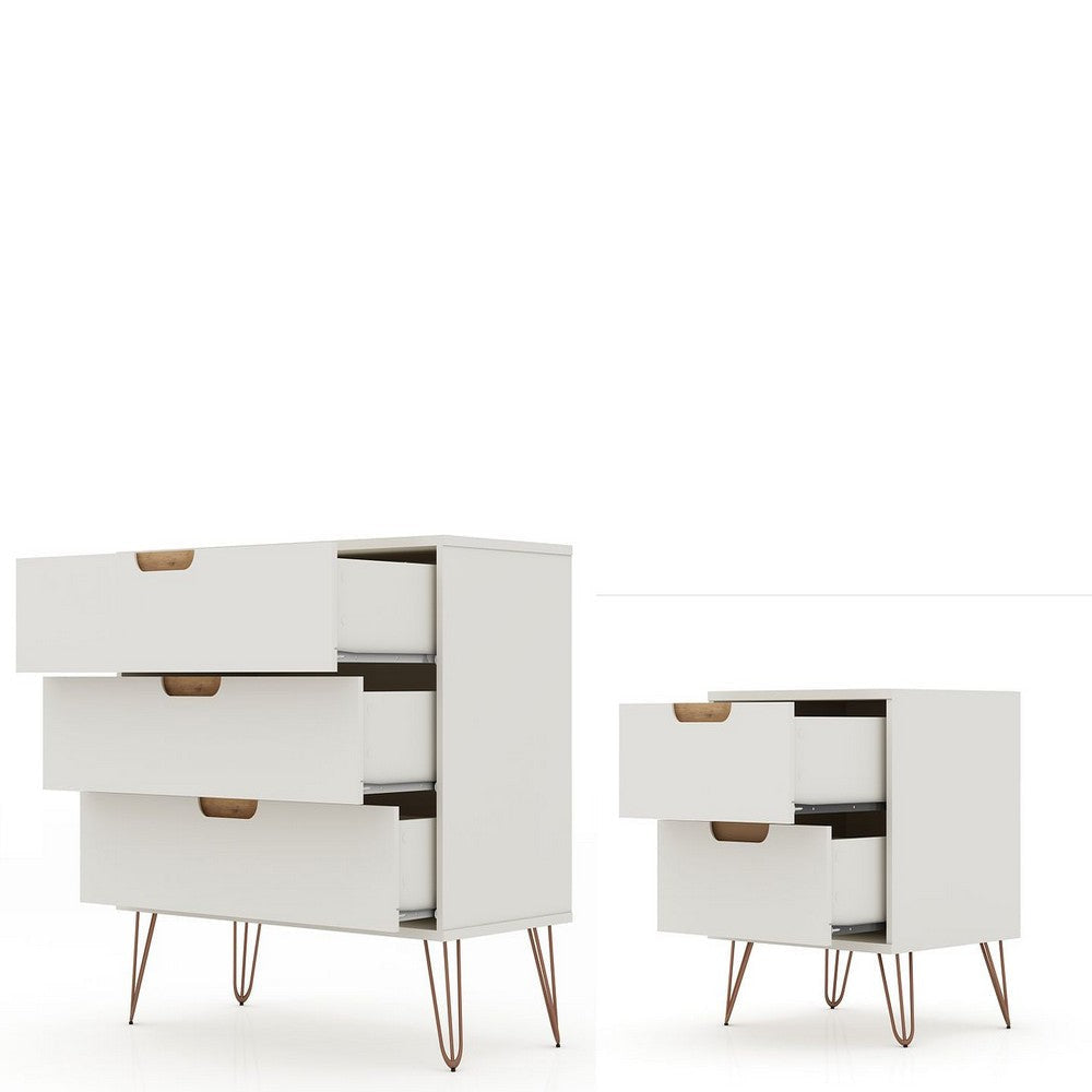 Rockefeller Mic Century- Modern Dresser and Nightstand with Drawers- Set of 2 in Off White and Nature MHC-104GMC3