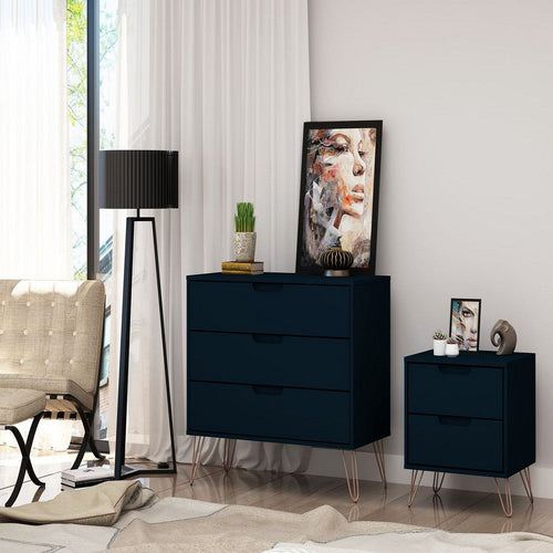 Rockefeller Mic Century- Modern Dresser and Nightstand with Drawers- Set of 2 in Tatiana Midnight Blue