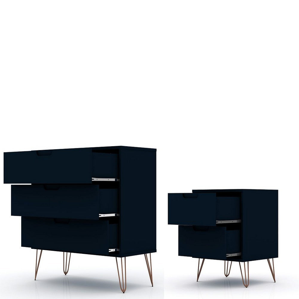 Rockefeller Mic Century- Modern Dresser and Nightstand with Drawers- Set of 2 in Tatiana Midnight Blue MHC-104GMC4