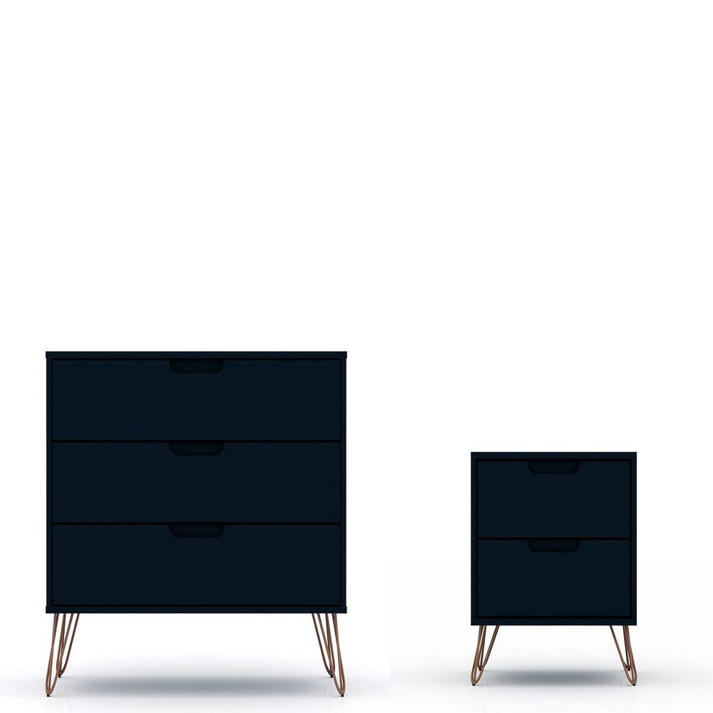 Rockefeller Mic Century- Modern Dresser and Nightstand with Drawers- Set of 2 in Tatiana Midnight Blue