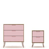 Rockefeller Mic Century- Modern Dresser and Nightstand with Drawers- Set of 2 in Nature and Rose Pink