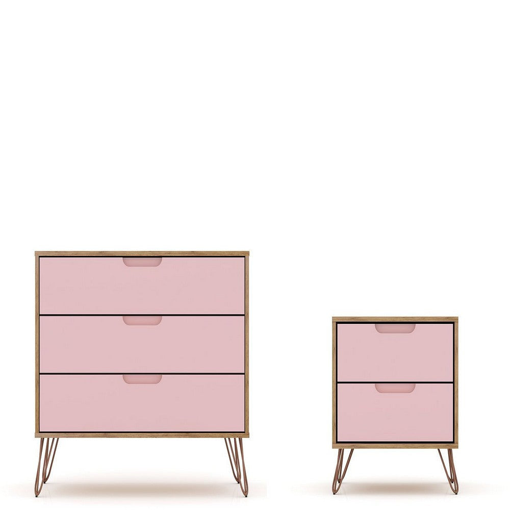 Rockefeller Mic Century- Modern Dresser and Nightstand with Drawers- Set of 2 in Nature and Rose Pink