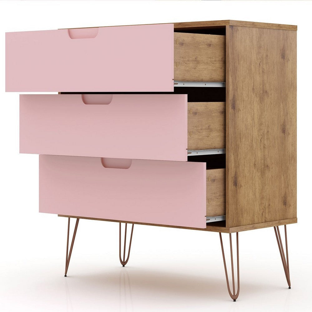 Rockefeller Mic Century- Modern Dresser and Nightstand with Drawers- Set of 2 in Nature and Rose Pink MHC-104GMC6