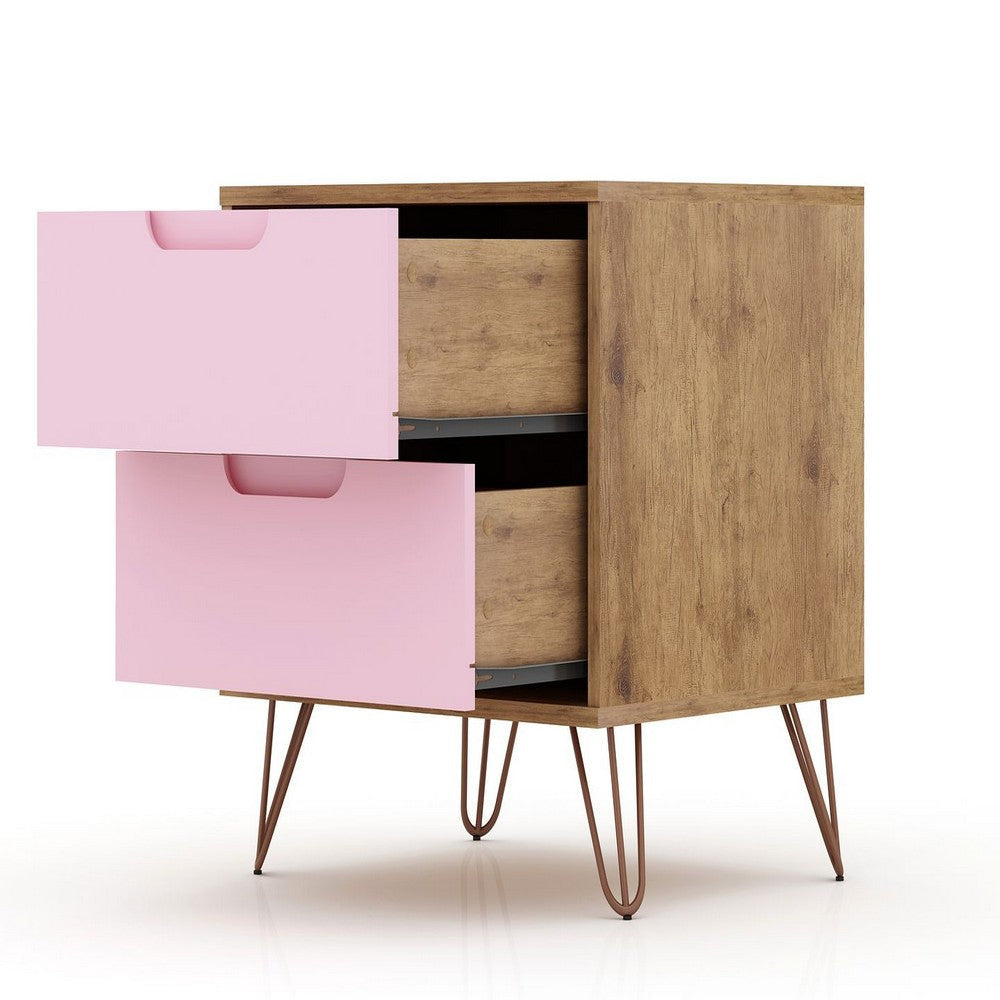 Rockefeller Mic Century- Modern Dresser and Nightstand with Drawers- Set of 2 in Nature and Rose Pink MHC-104GMC6