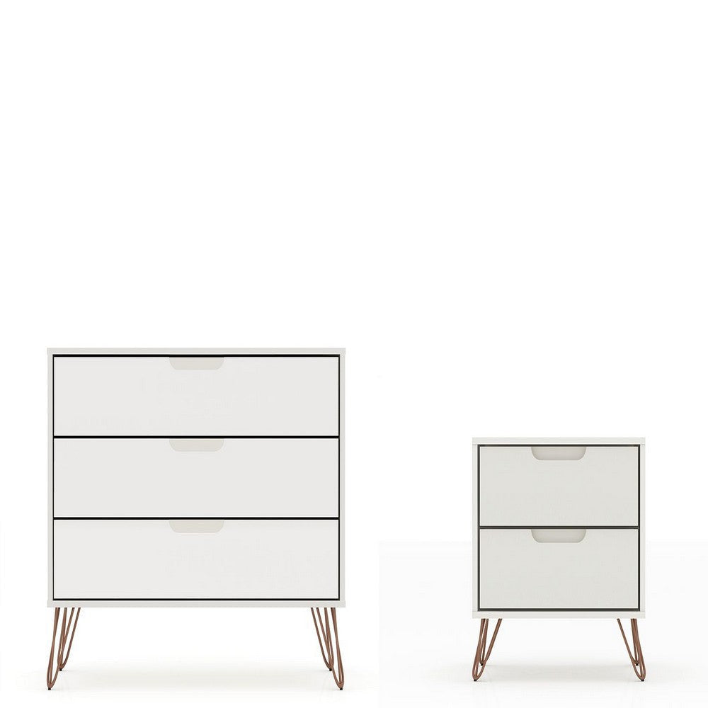 Rockefeller Mic Century- Modern Dresser and Nightstand with Drawers- Set of 2 in Off White