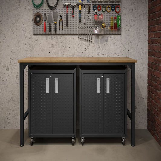 3-Piece Fortress Mobile Space-Saving Steel Garage Cabinet and Worktable 1.0 in Charcoal Grey