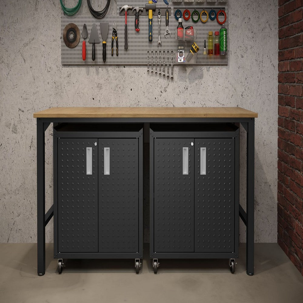 3-Piece Fortress Mobile Space-Saving Steel Garage Cabinet and Worktable 1.0 in Charcoal Grey