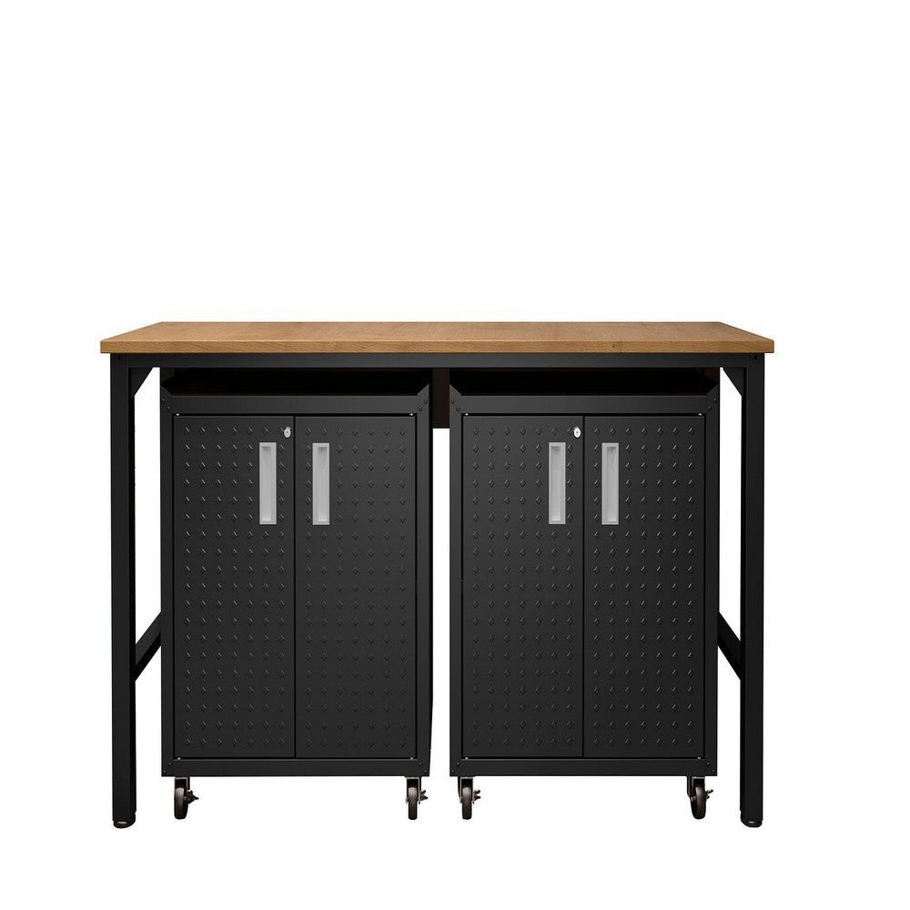 3-Piece Fortress Mobile Space-Saving Steel Garage Cabinet and Worktable 1.0 in Charcoal Grey