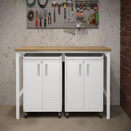 3-Piece Fortress Mobile Space-Saving Steel Garage Cabinet and Worktable 1.0 in White