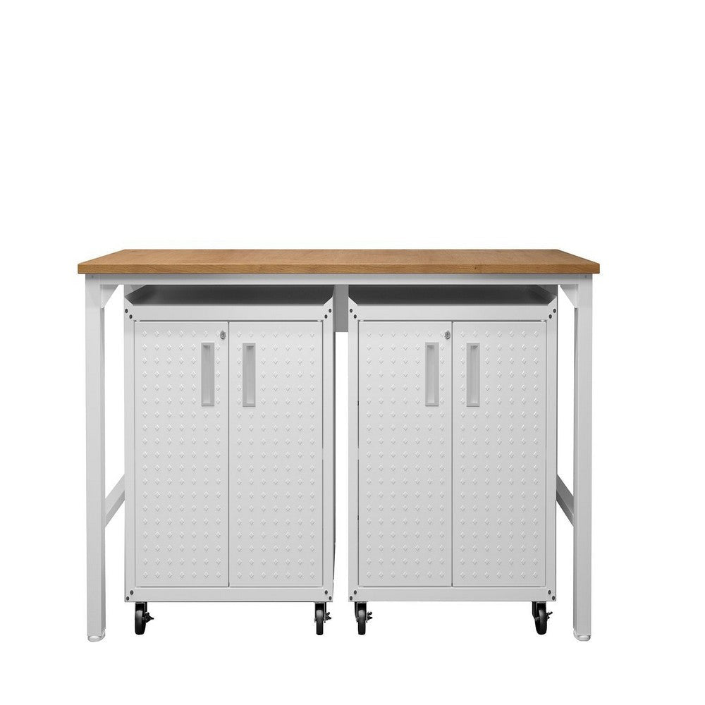 3-Piece Fortress Mobile Space-Saving Steel Garage Cabinet and Worktable 1.0 in White