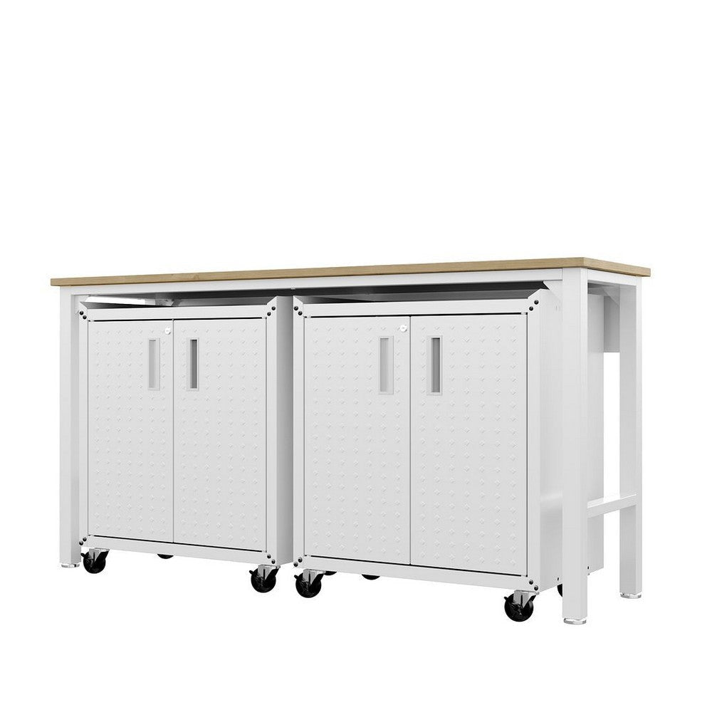 3-Piece Fortress Mobile Space-Saving Steel Garage Cabinet and Worktable 1.0 in White MHC-14GMC-WH