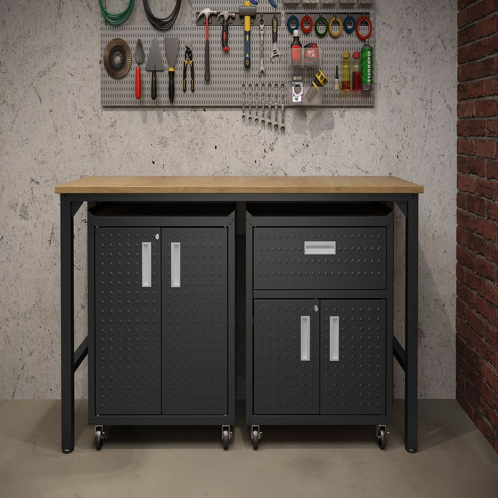 3-Piece Fortress Mobile Space-Saving Steel Garage Cabinet and Worktable 2.0 in Charcoal Grey