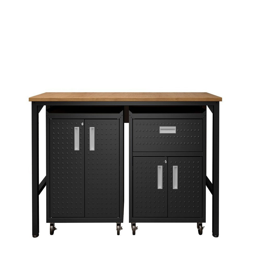 3-Piece Fortress Mobile Space-Saving Steel Garage Cabinet and Worktable 2.0 in Charcoal Grey