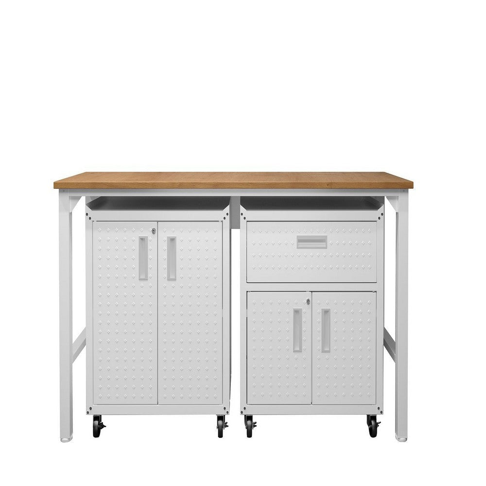 3-Piece Fortress Mobile Space-Saving Steel Garage Cabinet and Worktable 2.0 in White
