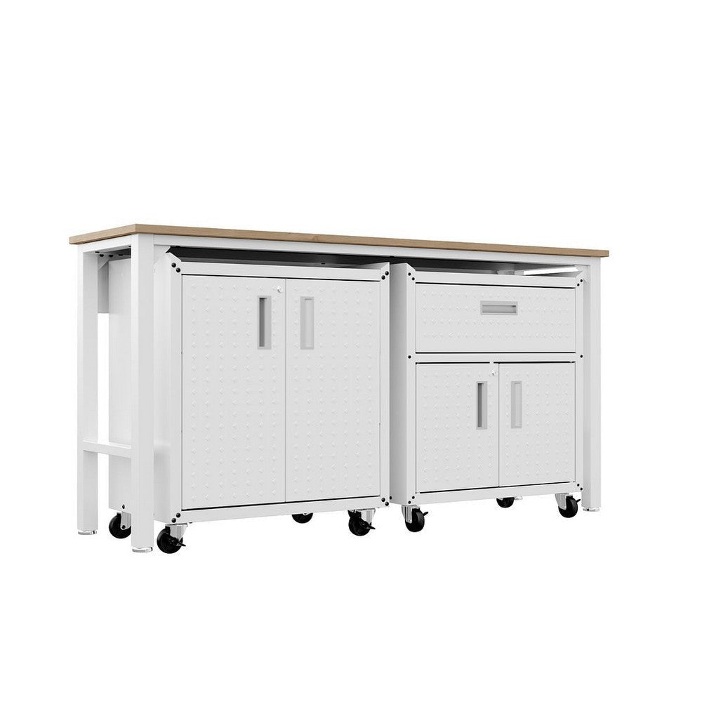 3-Piece Fortress Mobile Space-Saving Steel Garage Cabinet and Worktable 2.0 in White MHC-15GMC-WH