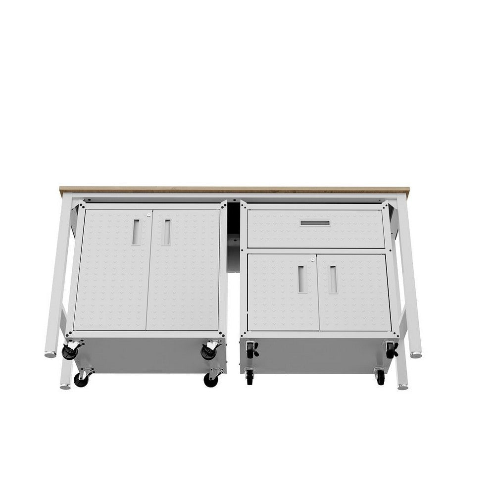 3-Piece Fortress Mobile Space-Saving Steel Garage Cabinet and Worktable 2.0 in White MHC-15GMC-WH