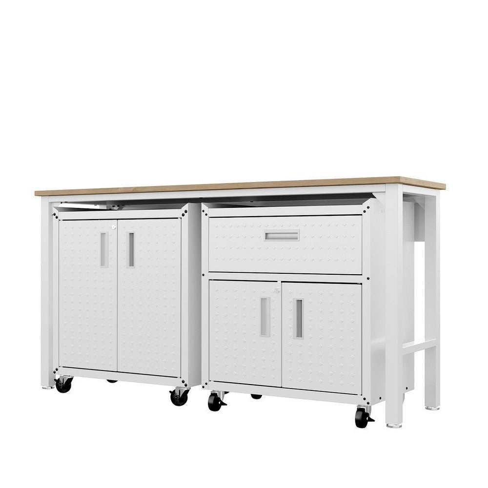 3-Piece Fortress Mobile Space-Saving Steel Garage Cabinet and Worktable 2.0 in White MHC-15GMC-WH