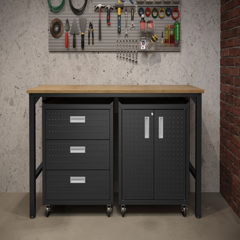 3-Piece Fortress Mobile Space-Saving Steel Garage Cabinet and Worktable 3.0 in Charcoal Grey