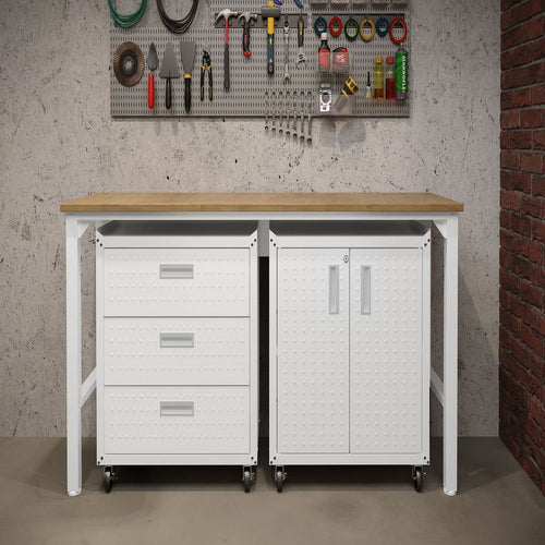 3-Piece Fortress Mobile Space-Saving Steel Garage Cabinet and Worktable 3.0 in White