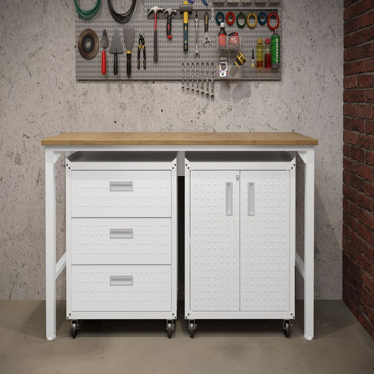 3-Piece Fortress Mobile Space-Saving Steel Garage Cabinet and Worktable 3.0 in White