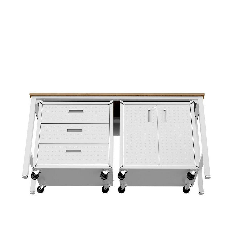 3-Piece Fortress Mobile Space-Saving Steel Garage Cabinet and Worktable 3.0 in White MHC-16GMC-WH