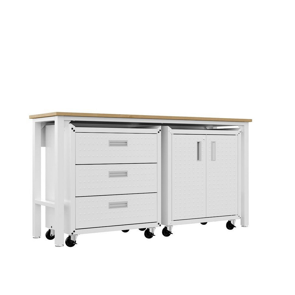 3-Piece Fortress Mobile Space-Saving Steel Garage Cabinet and Worktable 3.0 in White MHC-16GMC-WH