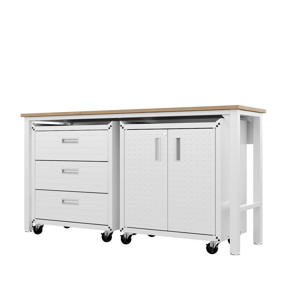 3-Piece Fortress Mobile Space-Saving Steel Garage Cabinet and Worktable 3.0 in White MHC-16GMC-WH