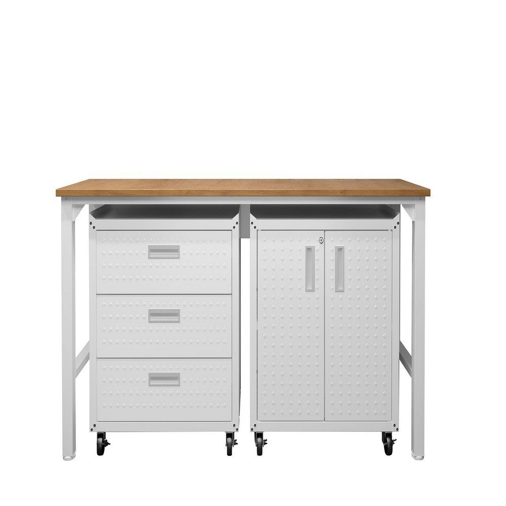 3-Piece Fortress Mobile Space-Saving Steel Garage Cabinet and Worktable 3.0 in White