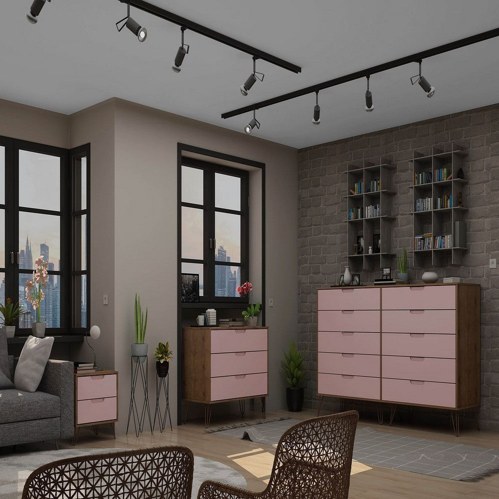 Rockefeller 3-Piece Nature and Rose Pink Dresser and Nightstand Set