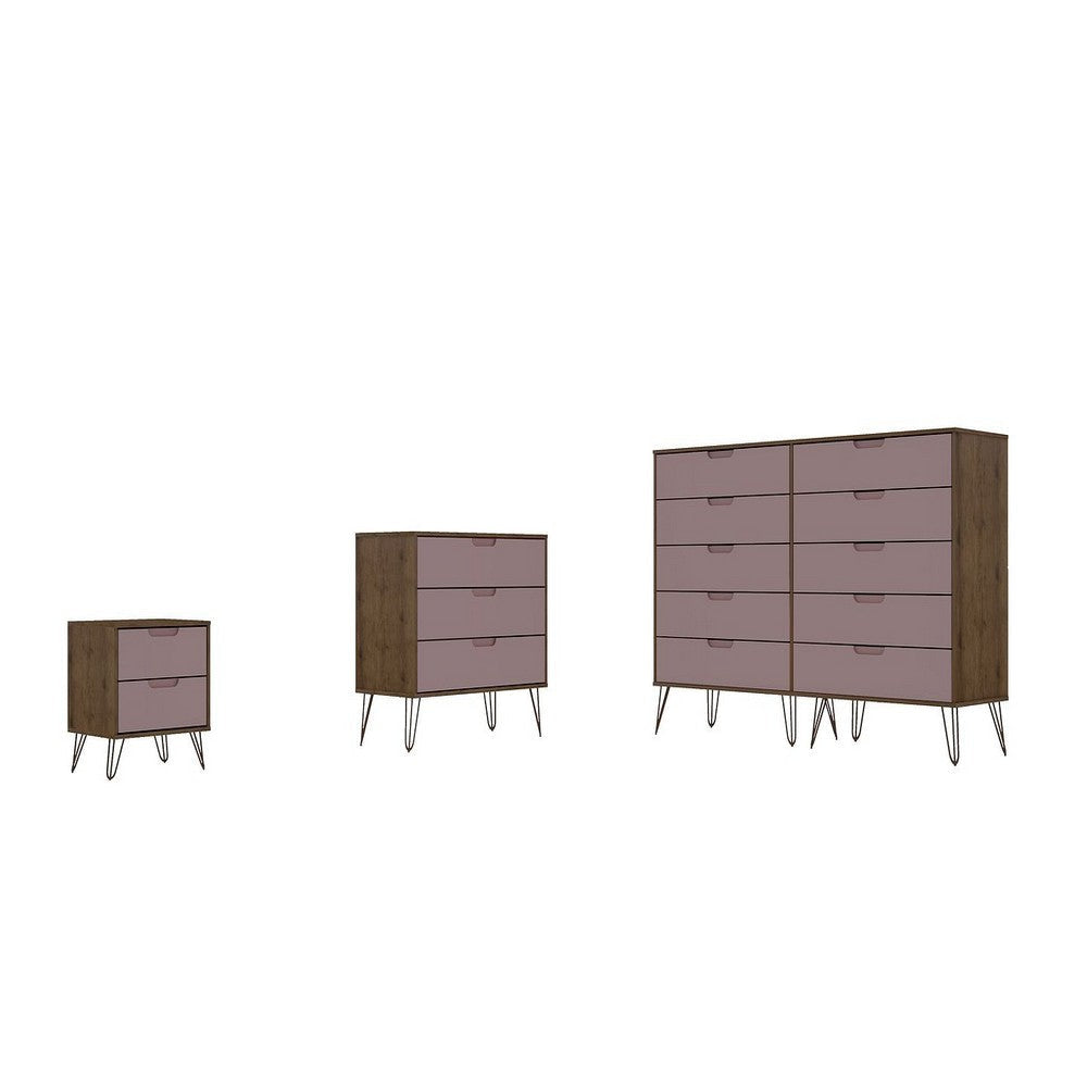 Rockefeller 3-Piece Nature and Rose Pink Dresser and Nightstand Set