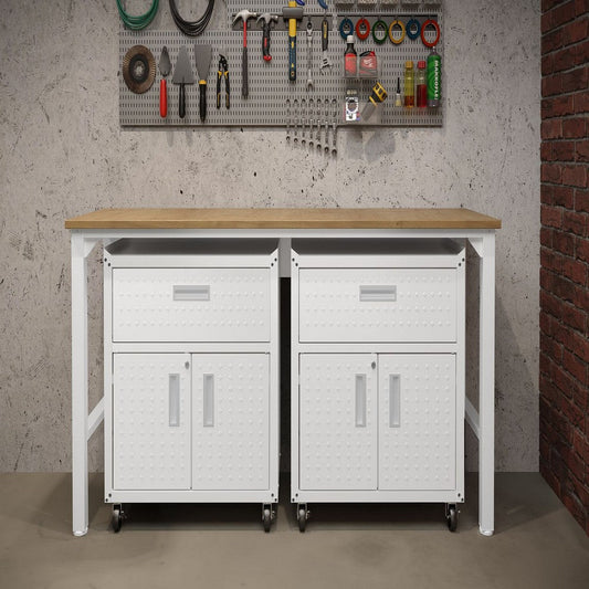 3-Piece Fortress Mobile Space-Saving Steel Garage Cabinet and Worktable 4.0 in White