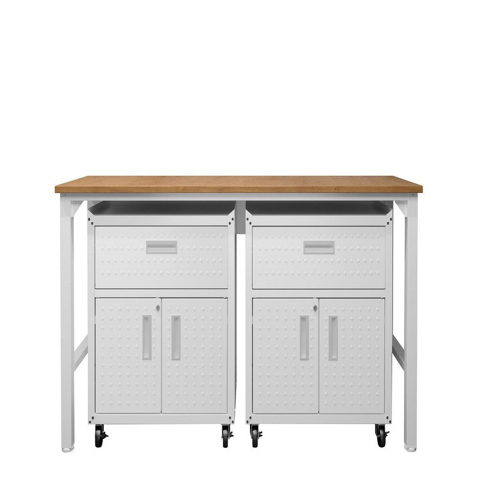 3-Piece Fortress Mobile Space-Saving Steel Garage Cabinet and Worktable 4.0 in White