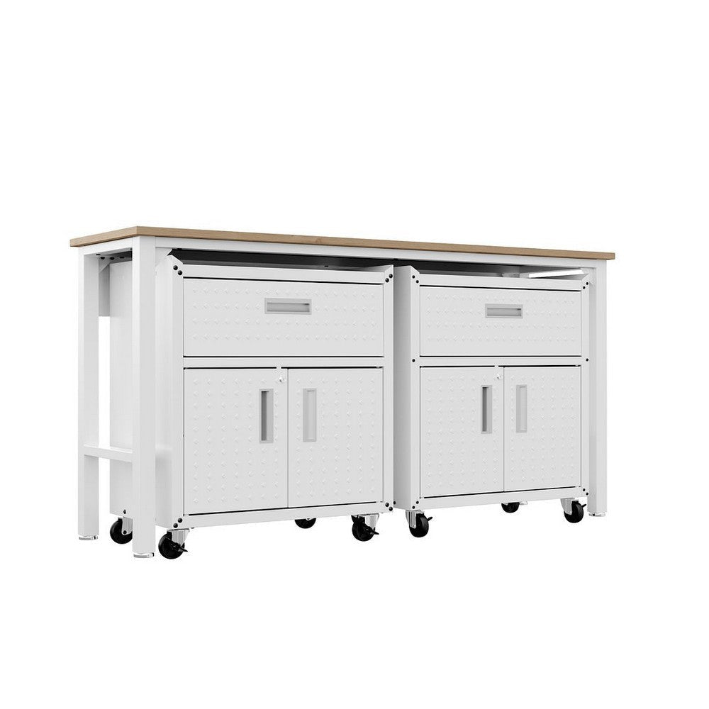 3-Piece Fortress Mobile Space-Saving Steel Garage Cabinet and Worktable 4.0 in White MHC-17GMC-WH