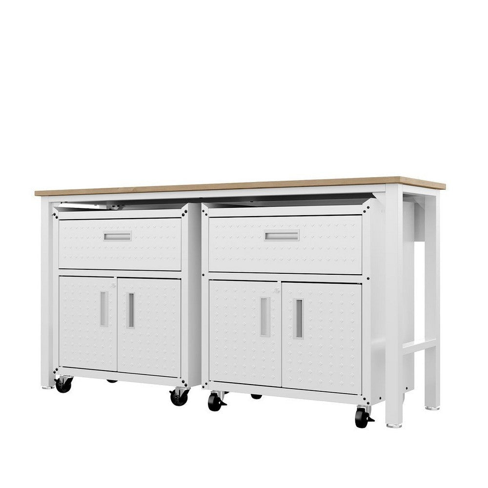 3-Piece Fortress Mobile Space-Saving Steel Garage Cabinet and Worktable 4.0 in White MHC-17GMC-WH