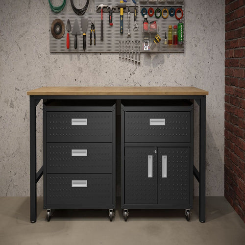 3-Piece Fortress Mobile Space-Saving Steel Garage Cabinet and Worktable 5.0 in Charcoal Grey