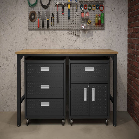 3-Piece Fortress Mobile Space-Saving Steel Garage Cabinet and Worktable 5.0 in Charcoal Grey