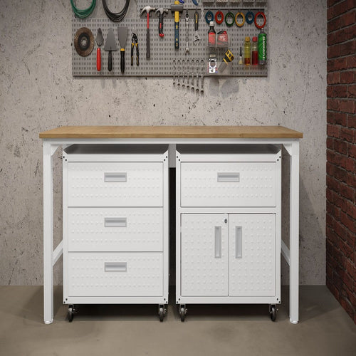 3-Piece Fortress Mobile Space-Saving Steel Garage Cabinet and Worktable 5.0 in White