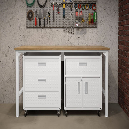 3-Piece Fortress Mobile Space-Saving Steel Garage Cabinet and Worktable 5.0 in White