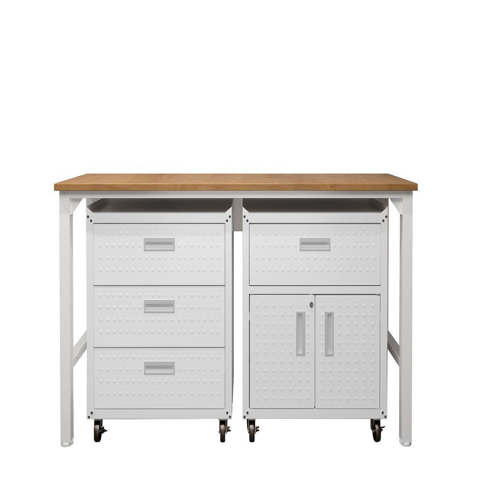 3-Piece Fortress Mobile Space-Saving Steel Garage Cabinet and Worktable 5.0 in White